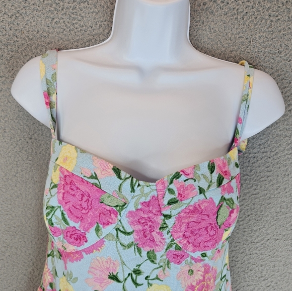 Wayf Womens Minidress Sz L Pink Carnations Tie Straps Adj. Sweetheart Neckline - Picture 2 of 13